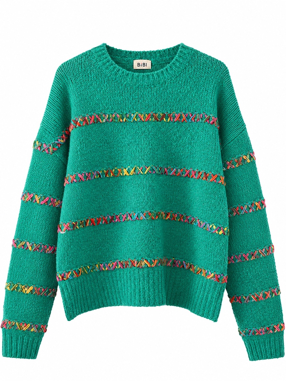 BiBi Teal Crewneck Sweater with Multicolor Cross-Stitch Stripes Wool Blend Large